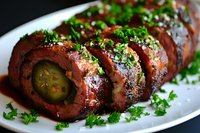 Grilled beef roll stuffed with jalapeno pepper, sliced and garnished with fresh parsley on white plate, close up view of juicy meat appetizer.