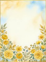 Yellow roses and wildflowers frame this watercolor border design with soft blue and cream washes, perfect for invitations, greeting cards, and stationery projects.