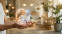 Hands holding glowing yin yang symbol representing balance, harmony and spiritual wellness in modern home interior with warm lighting and plants.