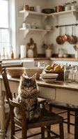 Adorable tabby cat sitting on wooden chair in cozy farmhouse kitchen with rustic shelving, copper pots, and warm natural lighting for home decor content.
