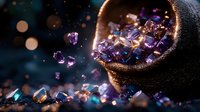 Magical purple and blue crystals spilling from rustic pouch with sparkling bokeh lights in dark atmospheric setting, creating mystical gemstone composition.