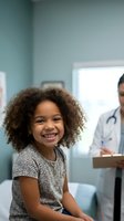 Happy African American girl with curly hair smiling during pediatric medical checkup with doctor in clinic examination room for healthcare content.