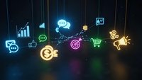 Digital marketing concept with glowing neon icons connected by network lines showing social media, analytics, target, shopping and communication symbols.