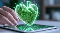 Glowing green heart hologram floating above digital tablet with hand interaction, depicting modern healthcare technology and digital wellness monitoring.