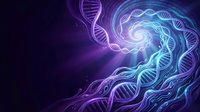 Glowing DNA double helix strands in purple and blue neon colors on dark background for genetic research, biotechnology and molecular science concepts.