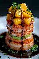 Layered shrimp and mango tower with avocado, drizzled in balsamic reduction sauce, garnished with fresh herbs on white plate against dark background.