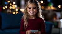 Young Caucasian girl with blonde hair wearing burgundy sweater smiling while holding smartphone, sitting on blue couch with festive bokeh lights in background.
