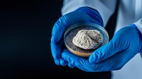 Medical professional in blue protective gloves holding petri dish with gray powder substance against dark background, laboratory research concept.