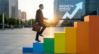 Professional businessman climbing colorful steps symbolizing career advancement and success in modern urban business district at sunset.