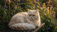 Fluffy long-haired cat with gray and white fur resting on garden vines among blooming flowers and green foliage in natural outdoor setting.