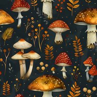 Magical forest mushrooms pattern with red and orange amanita, white mushrooms and autumn leaves on dark background. Seamless repeat design for fabric and paper.