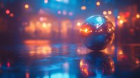 Shiny disco ball reflecting colorful lights on dance floor with bokeh background for nightclub and party entertainment concepts.