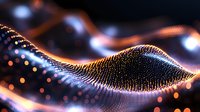 Glowing orange and blue particle wave formation with bokeh light effects creates dynamic flowing motion against dark background. Abstract digital art concept.