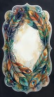 Ornate watercolor feather wreath frame with decorative tribal patterns and earthy tones on textured background for bohemian design projects.