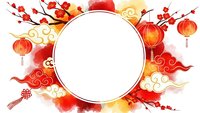 Chinese New Year festive frame with red lanterns, plum blossoms, and traditional cloud patterns on white background for holiday greeting cards and decorations.