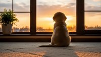 Golden retriever puppy sitting by large window watching sunset, warm indoor lighting, cozy home atmosphere, pet companionship and peaceful evening moments.