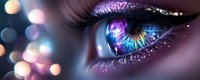 Macro shot of luminous eye with cosmic galaxy reflection, glowing purple and blue iridescent makeup, sparkly glitter details against dark background with bokeh lights.