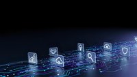 Digital technology icons floating above circuit board with glowing data streams and network connections on dark background for business presentations.