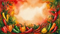 Colorful hot peppers and chili frame a warm, glowing center with autumn tones, perfect for food, cooking, and spice-related designs and marketing materials.