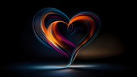 Glowing heart shape formed by colorful light trails against dark background, floating above reflective surface. Dynamic energy streams create romantic symbol.
