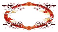 Asian-inspired decorative frame with cherry blossoms, traditional ornaments and red gradient design elements on white background.