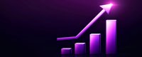 Growing bar chart with glowing purple neon arrow showing upward trend on dark background, business success and growth concept visualization.