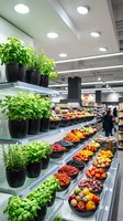 Modern grocery store produce section with fresh herbs in black pots and colorful vegetables displayed in refrigerated cases under bright LED lighting.