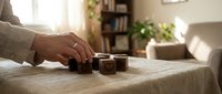 Woman hands pouring aromatic coffee from traditional copper cezve into small cups on linen tablecloth in cozy home interior with natural lighting.