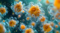 Orange microscopic organism with translucent tendrils floating in blue aquatic environment, scientific visualization of marine microbe for biology research.
