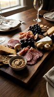 Gourmet charcuterie board with artisan cheeses, cured meats, olives, nuts and crackers on wooden table with wine glass for elegant entertaining.