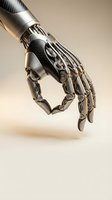 Advanced robotic prosthetic hand with articulated fingers and carbon fiber details showcasing futuristic medical technology and artificial intelligence innovation.