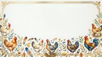 Vintage rooster and hen border with ornamental gold frame on cream background, isolated for design use on textiles and crafts.