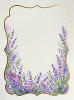 Lavender flowers frame isolated ornate border with gold and purple wavy edges on cream background, ready for invitations, greeting cards, and design projects.