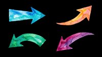 Four colorful watercolor arrows in blue, orange, green, and purple, isolated on transparent background. Great for stickers, t-shirt design, clipart, and print on demand.