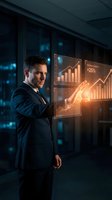 Professional businessman analyzing holographic financial data charts showing growth trends in modern office environment for business presentations.