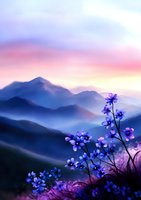 Dreamy mountain landscape at sunset with purple wildflowers in foreground, misty peaks silhouetted against pink and violet sky creating serene natural scenery.