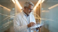 Senior male doctor with gray hair and glasses using digital tablet in modern hospital corridor with futuristic network overlay graphics for healthcare technology.
