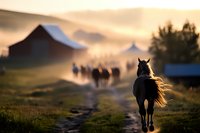 Silhouette of horse with flowing mane walking towards barn at sunset while herd of horses kick up dust in misty golden background on rural ranch path.
