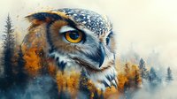 Artistic owl portrait with double exposure effect combining forest landscape in autumn colors and great horned owl head with piercing amber eye against misty background.