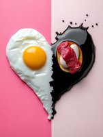 Creative heart shape split between sunny side up egg and black ink splash with beef sandwich on pink background, modern food art composition.