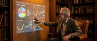 Senior businessman with gray hair and glasses wearing brown blazer analyzing financial data on digital display in wood-paneled office library, pointing at pie chart and line graphs for business presentation.