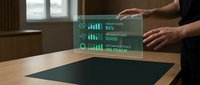 Businessman analyzing holographic data analytics dashboard with performance metrics and charts floating above wooden desk in modern office environment.