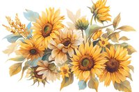 Beautiful watercolor sunflower composition with golden yellow blooms and sage green leaves, perfect for wedding invitations, greeting cards and botanical wall art designs.