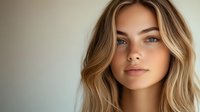 Young woman with blonde wavy hair, natural freckles, and blue eyes against neutral background. Soft portrait for beauty, skincare, or lifestyle advertising.