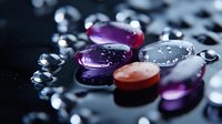 Colorful water drops on dark surface with purple pink orange reflective droplets creating abstract liquid pattern for modern design backgrounds.
