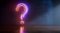 Glowing neon question mark reflects on dark wet surface against misty background, creating mysterious atmosphere with pink and blue light effects.