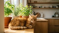 Ginger tabby cat relaxing on wooden kitchen counter near potted herbs and plants, domestic pet in modern home interior with natural sunlight.