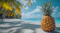 Fresh pineapple on tropical beach with palm trees and turquoise ocean water under blue sky with white clouds for summer vacation and exotic fruit concept.
