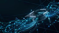 Abstract digital network with flowing blue light streams and glowing particles on dark background for technology and data visualization concepts.
