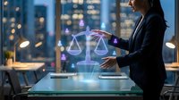 Professional businesswoman interacting with holographic justice scales in modern office at night, legal technology concept for law firms and digital transformation.